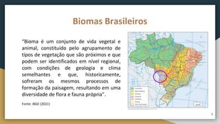 3
“Bioma é um conjunto de vida vegetal e
animal, constituído pelo agrupamento de
tipos de vegetação que são próximos e que
podem ser identificados em nível regional,
com condições de geologia e clima
semelhantes e que, historicamente,
sofreram os mesmos processos de
formação da paisagem, resultando em uma
diversidade de flora e fauna própria”.
Fonte: IBGE (2021)
Biomas Brasileiros
 