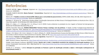 PLANETA NATURE. Sobre o Pantanal. disponível em: http://www.pantanalnature.com.br/br/pantanal-nature/index.asp?id=30&item=sobre_o_pantanal.
Acesso em: 23/04/2021.
REDAÇÃO PLANETA BIOLOGIA. Bioma Pantanal – Características. Disponível em: https://planetabiologia.com/bioma-pantanal-caracteristicas/. Acesso em:
23/04/2021.
Ribeiro, M. A. Trabalho e turismo no Pantanal/MS: Olhares para a comunidade do passo da lontra. ENTRE-LUGAR, 9(18), 150–168, 2018. Disponível em:
https://doi.org/10.30612/el.v9i18.8889. Acesso em 28/04/2021.
Rodrigues, E., & Garcia, M. . Governança Climática Global: Contribuições Subnacionais do Mato Grosso à Participação Brasileira no Acordo de Paris. 5(3), 23.
https://doi.org/DOI: 10.22478/ufpb.2525-5584.2020v5n3.54627
Rolão, K. P., Neto, L. F. F., Morinigo, W. C. R., & Rosa, R. de O. (2019). Custos ambientais na produção de arroz irrigado no Pantanal Sul-mato-grossense.
REVISTA DE TECNOLOGIA APLICADA (RTA), 8, 13.
SANTOS, Ronenilton Alves dos. BIOMAS BRASILEIROS: Pantanal, Pampa e Caatinga. Livro do professor. 1ª edição. Curitiba: Fundação Grupo Boticário de
Proteção à Natureza, 2018. Disponível em: http://www.fundacaogrupoboticario.org.br/pt/Biblioteca/Livro%20do%20professor%205%C2%BA%20ano%20-
%20Biomas%20brasileiros%20%E2%80%93%20Pantanal,%20Pampa%20e%20Caatinga.pdf. Acesso em 23/04/2021.
Scheuer, J. M., Neves, S. M. A. da S., Galvanin, E. A. dos S., & Neves, R. J. (2018). Desenvolvimento Humano dos Municípios de Mato Grosso e Mato Grosso do
Sul Contidos no Bioma Pantanal. Desenvolvimento em Questão, 16(45), 82–96. https://doi.org/10.21527/2237-6453.2018.45.82-96
SOS Pantanal. Pantanal: O destino perfeito para as aves migratórias. Disponível em: https://www.sospantanal.org.br/pantanal-o-destino-perfeito-para-as-
aves-migratorias/. Acesso em: 23/04/2021.
WWF. Pantanal: o Bioma. Disponível em: https://www.wwf.org.br/natureza_brasileira/areas_prioritarias/pantanal/bioma_pantanal/. Acesso em 24/04/2021
YOUNG, Carlos Eduardo Frickmann; MEDEIROS, Rodrigo. Quanto vale o verde: a importância econômica das unidades de conservação brasileiras. Rio de
Janeiro: Conservação Internacional, 2018. 180p.Disponível em: https://www.funbio.org.br/wp-content/uploads/2018/08/Quanto-vale-o-verde.pdf . Acesso
em 25/04/2021.
Zanotta, D. C., & Novak, T. (2010). Detecção de queimadas no Pantanal a partir de classificação orientada a objeto e informações multiespectrais de
sensoriamento remoto. 9.
Referências
35
 