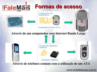 Formas de acesso Através de um computador com Internet Banda Larga Através de telefones comuns com a utilização de um ATA 