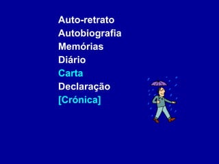 Auto-retrato Autobiografia Memórias Diário Carta Declaração [Crónica] 