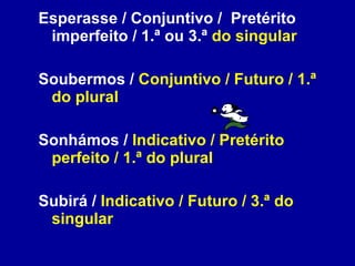 Esperasse / Conjuntivo /  Pretérito imperfeito / 1.ª ou 3.ª  do singular Soubermos /  Conjuntivo / Futuro / 1.ª do plural   Sonhámos /  Indicativo / Pretérito perfeito / 1.ª do plural Subirá /  Indicativo / Futuro / 3.ª do singular 