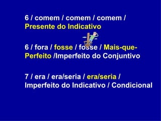 6 / comem / comem / comem /  Presente do Indicativo 6 / fora /  fosse  /   fosse /  Mais-que-Perfeito  /Imperfeito do Conjuntivo 7 / era / era/seria /  era/seria  / Imperfeito do Indicativo / Condicional 