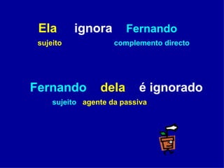 Ela   ignora  Fernando sujeito  complemento directo Fernando   dela   é ignorado sujeito   agente da passiva 