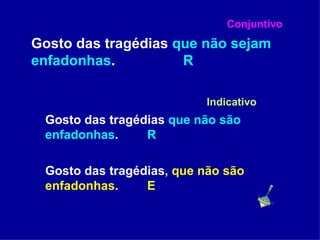   Conjuntivo Gosto das tragédias  que não sejam enfadonhas .    R   Indicativo Gosto das tragédias  que não são enfadonhas .  R Gosto das tragédias , que não são enfadonhas .  E 
