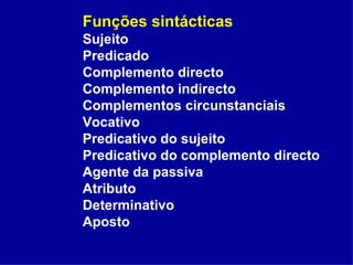 Funções sintácticas Sujeito Predicado Complemento directo Complemento indirecto Complementos circunstanciais Vocativo Predicativo do sujeito Predicativo do complemento directo Agente da passiva Atributo Determinativo Aposto 