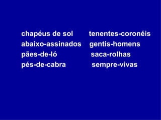 chapéus de sol  tenentes-coronéis abaixo-assinados  gentis-homens pães-de-ló  saca-rolhas pés-de-cabra  sempre-vivas 