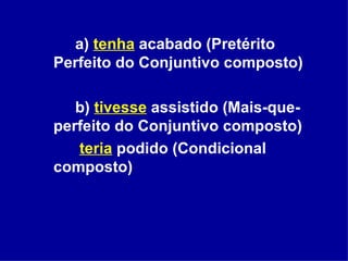 a)  tenha  acabado (Pretérito Perfeito do Conjuntivo composto) b)  tivesse  assistido (Mais-que-perfeito do Conjuntivo composto)    teria  podido (Condicional composto) 