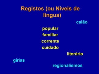Registos (ou Níveis de língua) calão popular familiar corrente cuidado literário gírias regionalismos 