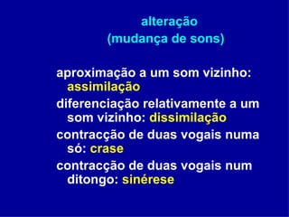 alteração (mudança de sons) aproximação a um som vizinho:  assimilação diferenciação relativamente a um som vizinho:  dissimilação contracção de duas vogais numa só:  crase contracção de duas vogais num ditongo:  sinérese 