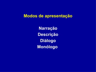 Modos de apresentação Narração Descrição Diálogo Monólogo   