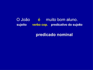 O João  é   muito bom aluno. sujeito  verbo cop.   predicativo do sujeito predicado nominal 