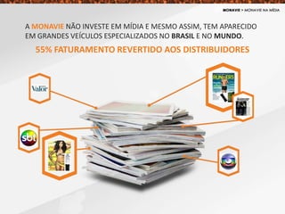 A MONAVIE NÃO INVESTE EM MÍDIA E MESMO ASSIM, TEM APARECIDO
EM GRANDES VEÍCULOS ESPECIALIZADOS NO BRASIL E NO MUNDO.
55% FATURAMENTO REVERTIDO AOS DISTRIBUIDORES
 