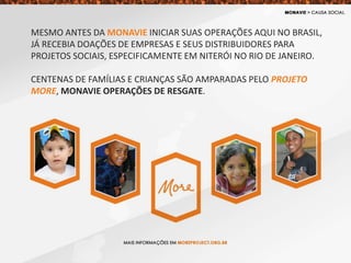 MESMO ANTES DA MONAVIE INICIAR SUAS OPERAÇÕES AQUI NO BRASIL,
JÁ RECEBIA DOAÇÕES DE EMPRESAS E SEUS DISTRIBUIDORES PARA
PROJETOS SOCIAIS, ESPECIFICAMENTE EM NITERÓI NO RIO DE JANEIRO.
CENTENAS DE FAMÍLIAS E CRIANÇAS SÃO AMPARADAS PELO PROJETO
MORE, MONAVIE OPERAÇÕES DE RESGATE.
 