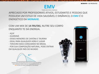 APRECIADO POR PROFISSIONAIS ATIVOS, ESTUDANTES E PESSOAS QUE
POSSUEM UM ESTILO DE VIDA SAUDÁVEL E DINÂMICO, O EMV É O
ENERGÉTICO DA MONAVIE.
COM UM MIX DE 14 FRUTAS, NUTRE SEU CORPO
ENQUANTO TE DÁ ENERGIA.
- AÇAÍ
- GUARANÁ
- DOSES MENORES DE CAFEÍNA E TAURINA
- IDEAL PARA QUALQUER HORA E LUGAR
- TERCEIRO MAIS CONSUMIDO NO BRASIL
- POR SUA COMPOSIÇÃO NATURAL, PODE ENTRAR
EM QUALQUER PAÍS DO MUNDO
ENERGÉTICOS CONVENCIONAIS TÊM UM PICO MAIOR DE ENERGIA,
MAS AGRIDEM O CORPO. POR SUA COMPOSIÇÃO NATURAL, O
EMV NUTRE SEU CORPO ENQUANTO TE DÁ ENERGIA
EMVTODO DIA MAIS ENERGIA
 