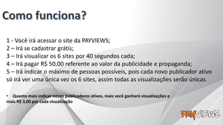 1 - Você irá acessar o site da PAYVIEWS;
2 – Irá se cadastrar grátis;
3 – Irá visualizar os 6 sites por 40 segundos cada;
4 – Irá pagar R$ 50,00 referente ao valor da publicidade e propaganda;
5 – Irá indicar o máximo de pessoas possíveis, pois cada novo publicador ativo
só irá ver uma única vez os 6 sites, assim todas as visualizações serão únicas.
• Quanto mais indicar novos publicadores ativos, mais você ganhará visualizações e
mais R$ 3,00 por cada visualização
 