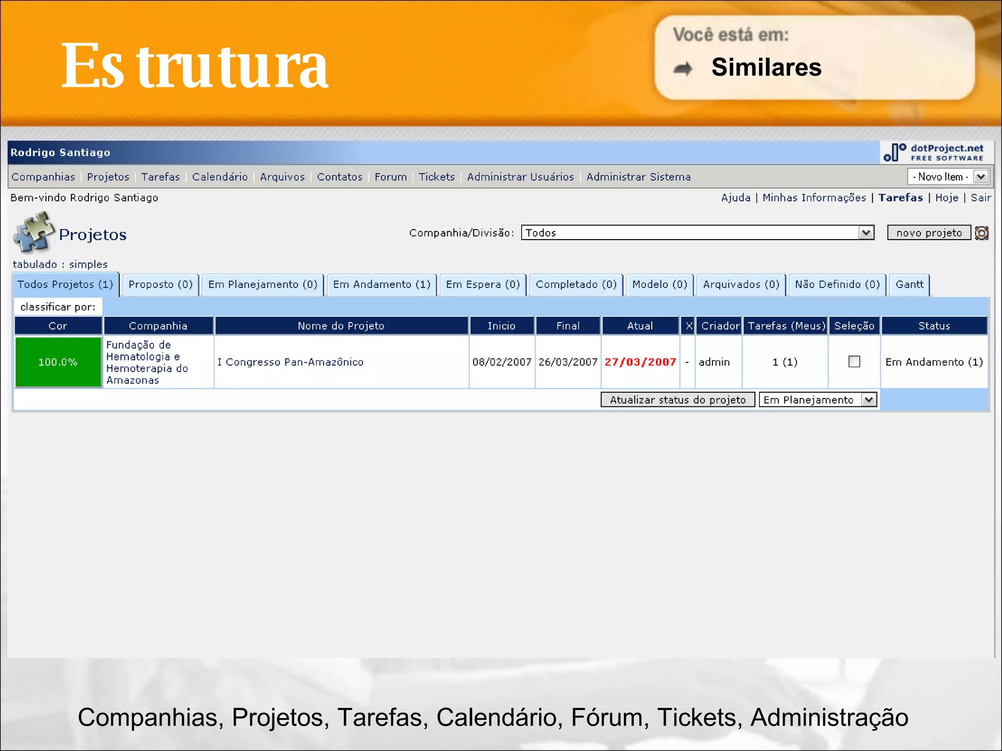Estrutura Companhias, Projetos, Tarefas, Calendário, Fórum, Tickets, Administração Similares 