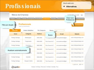 Profissionais Busca Criar novo Profissional Filtro por situção Alternativas Atualizam automaticamente 