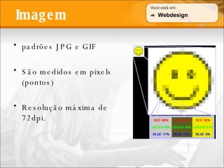 Imagem padrões JPG e GIF São medidos em pixels (pontos) Resolução máxima de 72dpi. Webdesign 