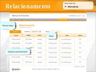 Relacionamento Busca Filtro por status Alternativas Atualizam automaticamente 