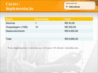 Custos: Implementação Alternativas Para implementar o sistema na web para 10 clientes inicialmente. Nome Quantidade Valor Domínio 1 R$ 30,00 Hospedagem (1GB) 10 R$ 550,00 Desenvolvimento R$ 8.000,00 Total R$ 8.680,00 
