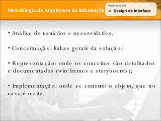 Metodologia da Arquitetura da Informação •  Análise do usuários e necessidades; •  Conceituação: linhas gerais da solução; •  Representação: onde os conceitos são detalhados e documentados (wireframes e storyboards);  •  Implementação: onde se constrói o objeto, que no caso é o site. Design de Interface 