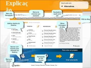 Explicação Menu de Navegação Marca da empresa que acessará Saudação e opção para sair Atalhos rápidos do Sistema Última mensagem do blog RSS do Blog Banner com tutoriais para utilização do Sistema Marca do Quicker Navegação do site Quicker Alternativas 