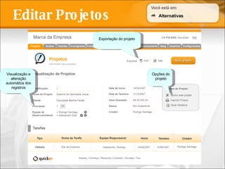 Editar Projetos Exportação do projeto Opções do projeto Visualização e alteração automática dos registros Alternativas 
