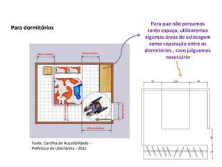 Para que não percamos
Para dormitórios                              tanto espaço, utilizaremos
                                             algumas áreas de estocagem
                                               como separação entre os
                                             dormitórios , caso julguemos
                                                      necessário




       Fonte: Cartilha de Acessibilidade -
       Prefeitura de Uberlândia - 2011
 