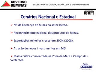 Cenários Nacional e Estadual Nítida liderança de Minas no setor lácteo. Reconhecimento nacional dos produtos de Minas.      Exportações mineiras cresceram 200% (2008). Atração de novos investimentos em MG. Massa crítica concentrada na Zona da Mata e Campo das Vertentes. Apoio:  