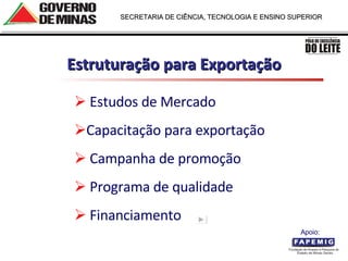 Estruturação para Exportação Estudos de Mercado Capacitação para exportação Campanha de promoção  Programa de qualidade Financiamento Apoio:  