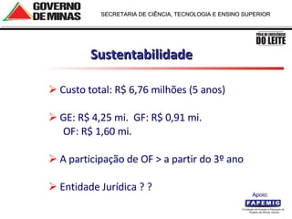 Sustentabilidade Custo total: R$ 6,76 milhões (5 anos)  GE: R$ 4,25 mi.  GF: R$ 0,91 mi.  OF: R$ 1,60 mi.  A participação de OF > a partir do 3 º ano Entidade Jurídica  ? ? Apoio:  