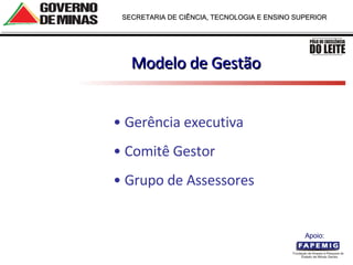 Modelo de Gestão Gerência executiva  Comitê Gestor Grupo de Assessores  Apoio:  