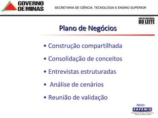 Plano de Negócios Construção compartilhada  Consolidação de conceitos Entrevistas estruturadas Análise de cenários Reunião de validação Apoio:  