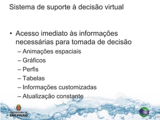 Sistema de suporte à decisão virtual
• Acesso imediato às informações
necessárias para tomada de decisão
– Animações espaciais
– Gráficos
– Perfis
– Tabelas
– Informações customizadas
– Atualização constante
62
 