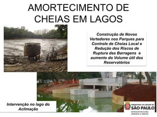 Construção de Novos
Vertedores nos Parques para
Controle de Cheias Local e
Redução dos Riscos de
Ruptura das Barragens e
aumento do Volume útil dos
Reservatórios
INTRODUÇÃO MOTIVAÇÃO OBJETIVOS METAS SISTEMA
Intervenção no lago do
Aclimação
AMORTECIMENTO DE
CHEIAS EM LAGOS
 