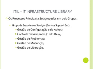 ITIL – IT INFRASTRUCTURE LIBRARY Os Processos Principais são agrupados em dois Grupos: Grupo de Suporte aos Serviços (Service Support Set): Gestão de Configuração e de Ativos; Controle de Incidentes / Help Desk; Gestão de Problemas; Gestão de Mudanças; Gestão de Liberação. 