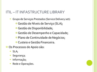 ITIL – IT INFASTRUCTURE LIBRARY Grupo de Serviços Prestados (Service Delivery set): Gestão de Níveis de Serviço (SLA); Gestão de Disponibilidade; Gestão de Desempenho e Capacidade; Plano de Continuidade de Negócios; Custeio e Gestão Financeira. Os Processos de Apoio são: SLA; Segurança; Informação; Rede e Operações. 