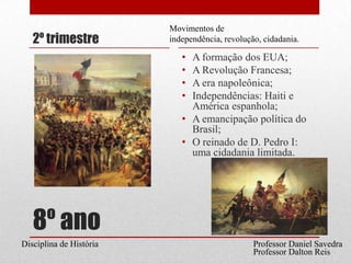 2º trimestreA formação dos EUA;A Revolução Francesa;A era napoleônica;Independências: Haiti e América espanhola;A emancipação política do Brasil;O reinado de D. Pedro I: uma cidadania limitada.Movimentos de independência, revolução, cidadania.8º anoProfessor Daniel SavedraDisciplina de HistóriaProfessor Dalton Reis