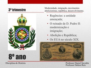 3º trimestreRegências: a unidade ameaçada;O reinado de D. Pedro II: modernização e imigração;Abolição e República;Os EUA no século XIX.Modernidade, imigração, movimentos abolicionistas, república, desenvolvimento.8º anoProfessor Daniel SavedraDisciplina de HistóriaProfessor Dalton Reis