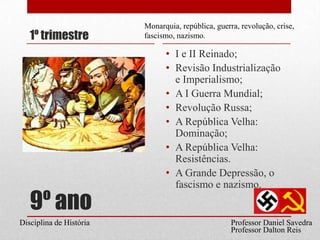 1º trimestreMonarquia, república, guerra, revolução, crise, fascismo, nazismo.I e II Reinado;Revisão Industrialização e Imperialismo;A I Guerra Mundial;Revolução Russa;A República Velha: Dominação;A República Velha: Resistências.A Grande Depressão, o fascismo e nazismo.9º anoProfessor Daniel SavedraDisciplina de HistóriaProfessor Dalton Reis