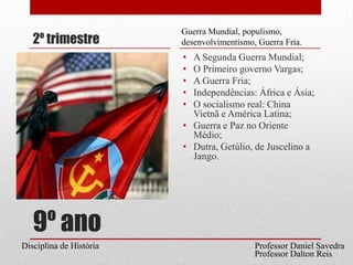 9º ano2º trimestreA Segunda Guerra Mundial;O Primeiro governo Vargas;A Guerra Fria;Independências: África e Ásia;O socialismo real: China Vietnã e América Latina;Guerra e Paz no Oriente Médio; Dutra, Getúlio, de Juscelino a Jango.Guerra Mundial, populismo, desenvolvimentismo, Guerra Fria.Professor Daniel SavedraDisciplina de HistóriaProfessor Dalton Reis