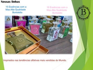 Nossas linhas
18 Essências com a
Mas Alta Qualidade
Bortoletto
15 Essências com a
Mas Alta Qualidade
Bortoletto
Inspirados nas tendências olfativas mais vendidas do Mundo.
 