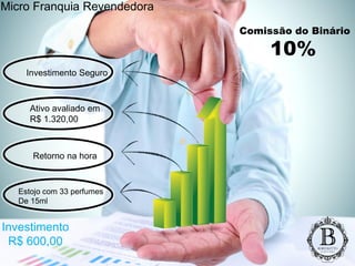 Estojo com 33 perfumes
De 15ml
Ativo avaliado em
R$ 1.320,00
Investimento Seguro
Retorno na hora
Micro Franquia Revendedora
Comissão do Binário
10%
Investimento
R$ 600,00
 