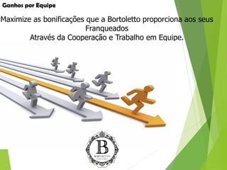 Ganhos por Equipe
Maximize as bonificações que a Bortoletto proporciona aos seus
Franqueados
Através da Cooperação e Trabalho em Equipe.
 