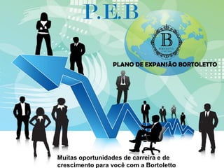 P.E.B
PLANO DE EXPANSÃO BORTOLETTO
Muitas oportunidades de carreira e de
crescimento para você com a Bortoletto
 