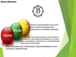 Oferecer aos nossos franqueados e consumidores,
produtos com alto padrão de qualidade a um preço
justo e competitivo, visando lucro e sustentabilidade
para todos os envolvidos.
Sermos reconhecidos como uma
das 3 maiores franquias de
perfumes e cosméticos do Brasil.
Ética; Transparência; Honestidade; Responsabilidade Social;
Confiança; Determinação.
Nossas Diretrizes
 