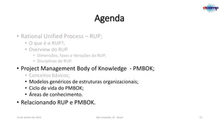 Agenda
• Rational Unified Process – RUP;
• O que é o RUP?;
• Overview do RUP.
• Dimensões, fases e iterações do RUP;
• Disciplinas do RUP.

• Project Management Body of Knowledge - PMBOK;
•
•
•
•

Conceitos básicos;
Modelos genéricos de estruturas organizacionais;
Ciclo de vida do PMBOK;
Áreas de conhecimento.

• Relacionando RUP e PMBOK.
13 de Janeiro de 2014

São Cristóvão, SE - Brasil

21

 