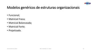 Modelos genéricos de estruturas organizacionais
• Funcional;
• Matricial Fraca;
• Matricial Balanceada;
• Matricial Forte;
• Projetizada.

13 de Janeiro de 2014

São Cristóvão, SE - Brasil

22

 