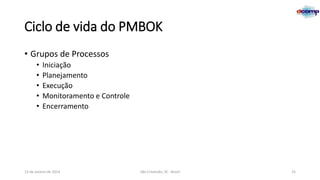 Ciclo de vida do PMBOK
• Grupos de Processos
•
•
•
•
•

Iniciação
Planejamento
Execução
Monitoramento e Controle
Encerramento

13 de Janeiro de 2014

São Cristóvão, SE - Brasil

25

 