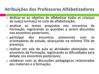 Atribuições dos Professores Alfabetizadores
 dedicar-se ao objetivo de alfabetizar todas as crianças
de sua(s) turma(s) no ciclo de alfabetização;
 analisar os textos propostos nos encontros da
Formação, registrando as questões a serem discutidas
nos encontros posteriores;
 participar dos encontros presenciais com os
orientadores de estudo, alcançando no mínimo 75% de
presença;
 realizar em sala de aula as atividades planejadas nos
encontros da Formação, registrando as dificuldades para
debate nos encontros posteriores;
 colaborar com as discussões pedagógicas relacionadas
aos materiais e à formação;
 